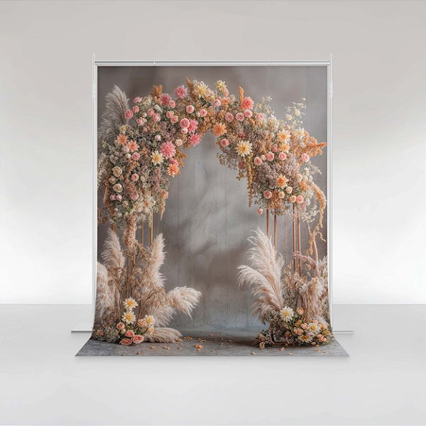 Fundo Fotográfico em Tecido Sublimado Floral Laranja e Rosa com Pampa Grass