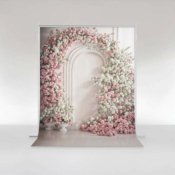 Fundo Fotográfico em Tecido Sublimado Arco Floral Rosa