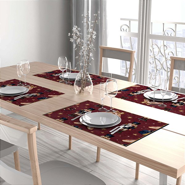 Kit 8 Jogos Americanos Tecido Sublimado Quebra nozes Azul e Bordô 50x40cm