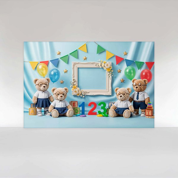 Painel de Festa em Tecido Sublimado Volta as Aulas ABC Ursinhos