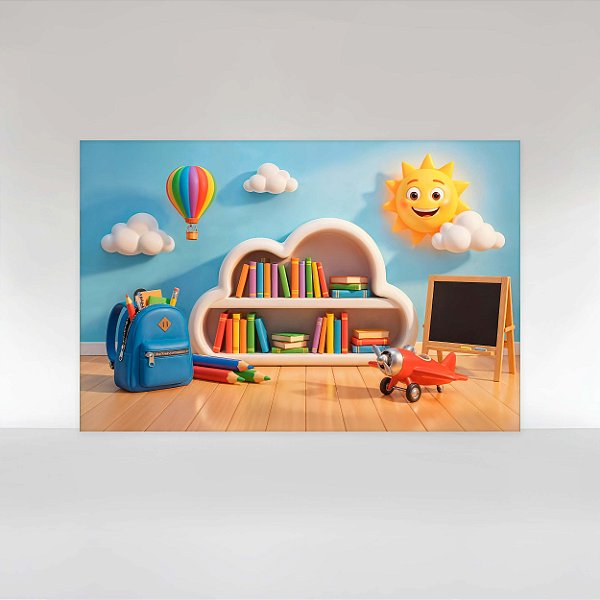 Painel de Festa em Tecido Sublimado Volta às aulas ABC Itens Escolares