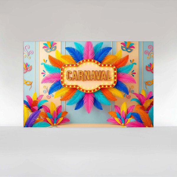 Painel de Festa em Tecido Sublimado Cenário de Carnaval com Plumas Coloridas e Máscaras