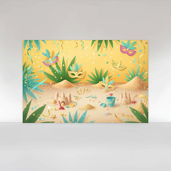 Painel de Festa em Tecido Sublimado Carnaval Infantil Castelinho de Areia e Máscaras