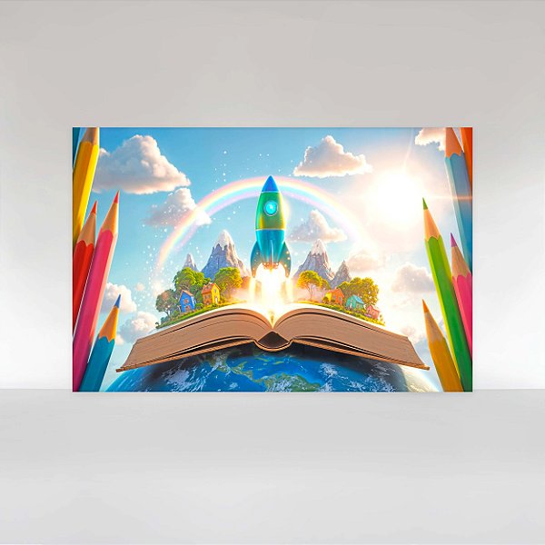 Painel de Festa em Tecido Sublimado Volta às aulas ABC Foguete