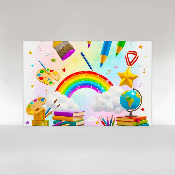 Painel de Festa em Tecido Sublimado Volta às aulas ABC Arco Íris Aquarela