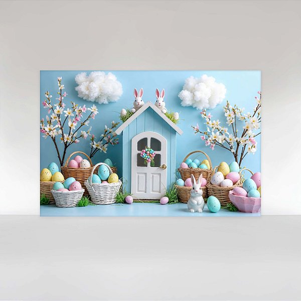 Painel de Festa em Tecido Sublimado Páscoa Casinha Coelhinhos