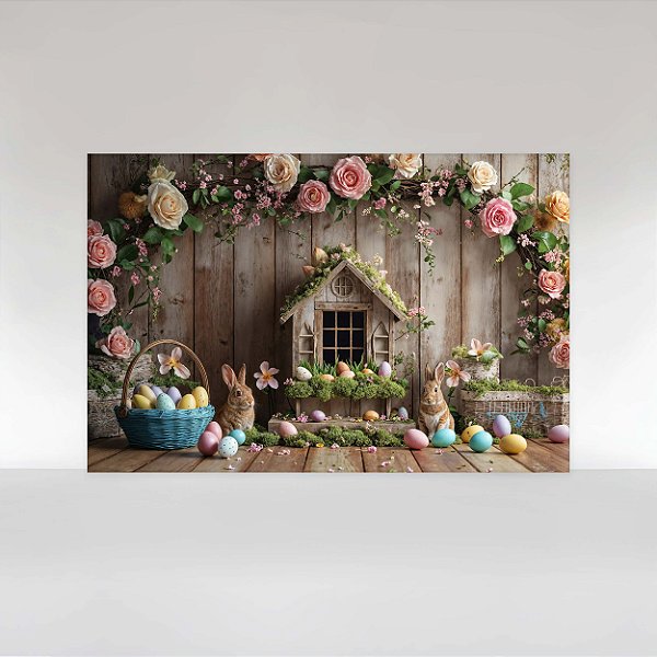 Painel de Festa em Tecido Sublimado Páscoa Casinha Rústica Floral
