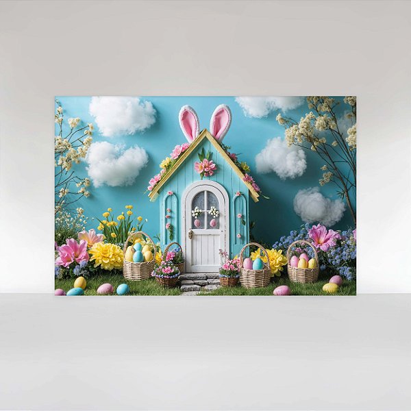 Painel de Festa em Tecido Sublimado Páscoa Casinha Coelho Floral