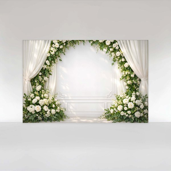 Painel de Festa em Tecido Sublimado Floral de Rosas Brancas com Cortinas