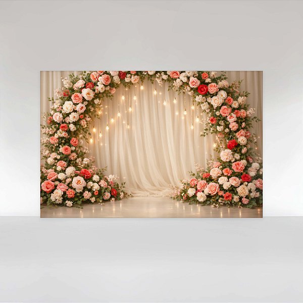 Painel de Festa em Tecido Sublimado Floral com Cortinas e Lâmpadas