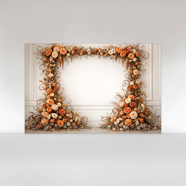 Painel de Festa em Tecido Sublimado Floral Terracota com Parede Boiserie