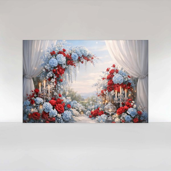 Painel de Festa em Tecido Sublimado Floral Azul e Vermelho com Cortinas
