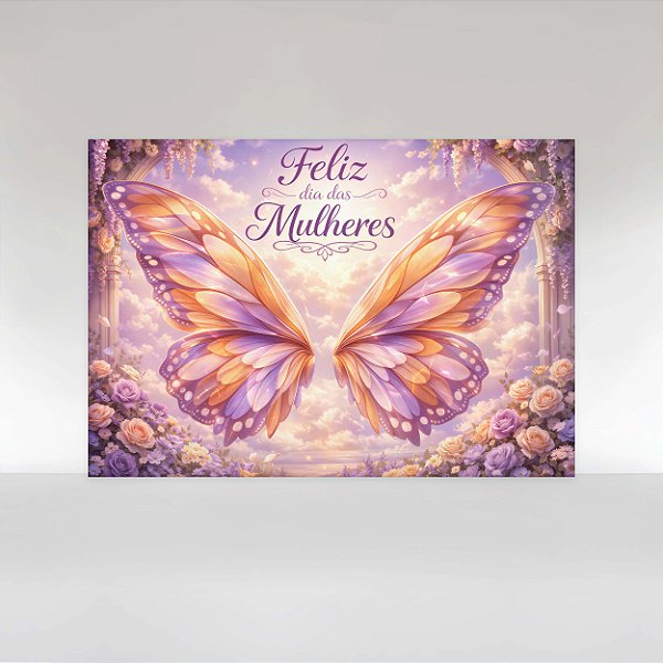 Painel de Festa em Tecido Sublimado Dia Internacional das Mulheres Asas de Borboleta Floral