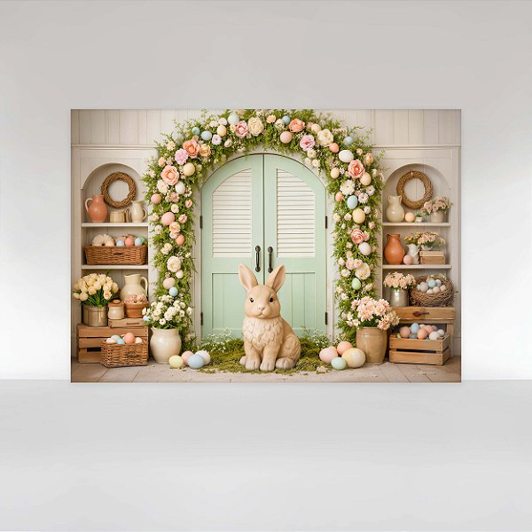 Painel de Festa em Tecido Sublimado Cenário Páscoa com Coelho e Arco Floral