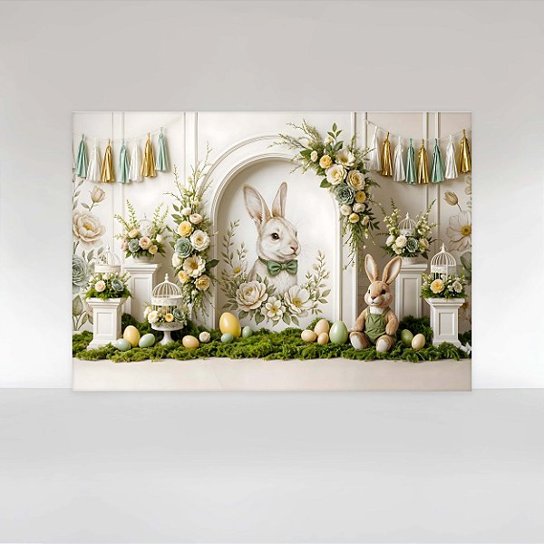 Painel de Festa em Tecido Sublimado Cenário Páscoa Coelho Floral