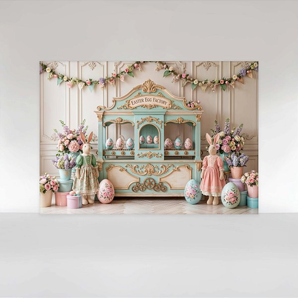 Painel de Festa em Tecido Sublimado Cenário Páscoa Fábrica de Ovos