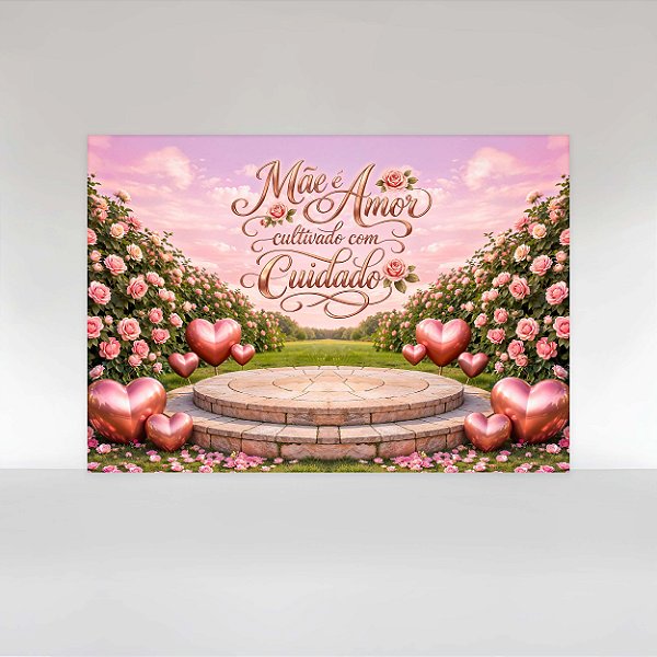Painel de Festa em Tecido Sublimado Dia das Mães Floral Com Balões de Coração Rose