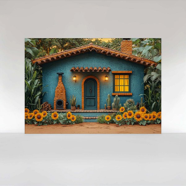 Painel de Festa em Tecido Sublimado Festa Junina Casinha Azul