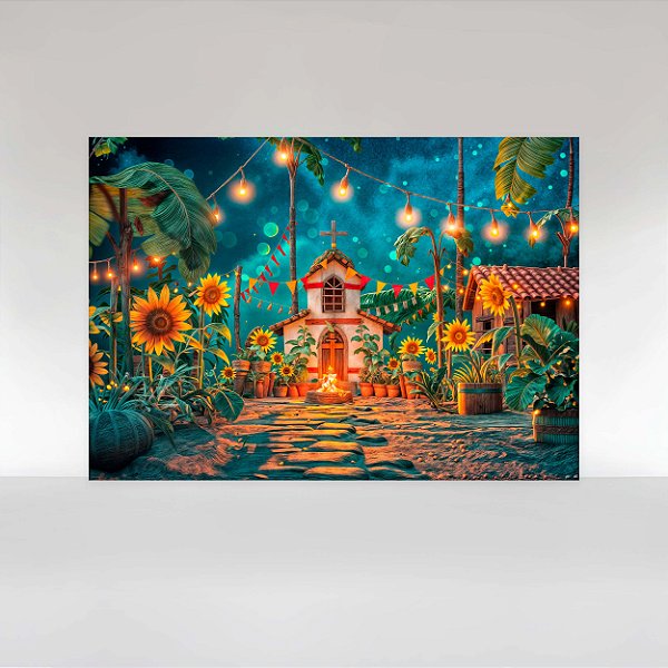 Painel de Festa em Tecido Sublimado Festa Junina Capela com Fogueira