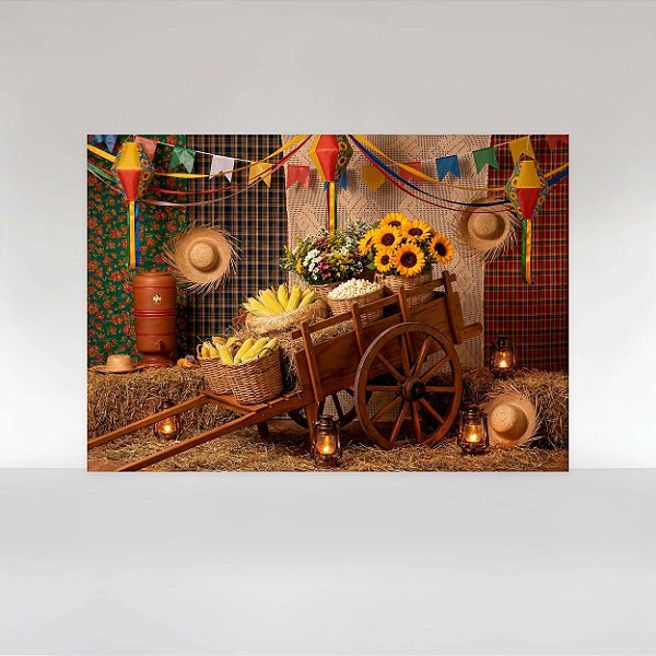 Painel de Festa em Tecido Sublimado Festa Junina Carroça Rústica