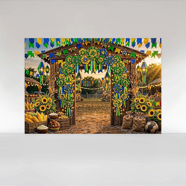 Painel de Festa em Tecido Sublimado Festa Junina Copa do Brasil com Bandeirinhas