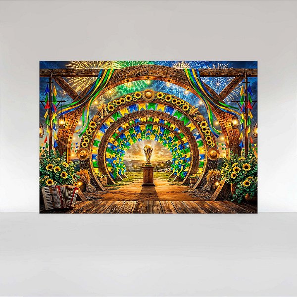 Painel de Festa em Tecido Sublimado Festa Junina Copa do Brasil com Taça e Bandeirinhas