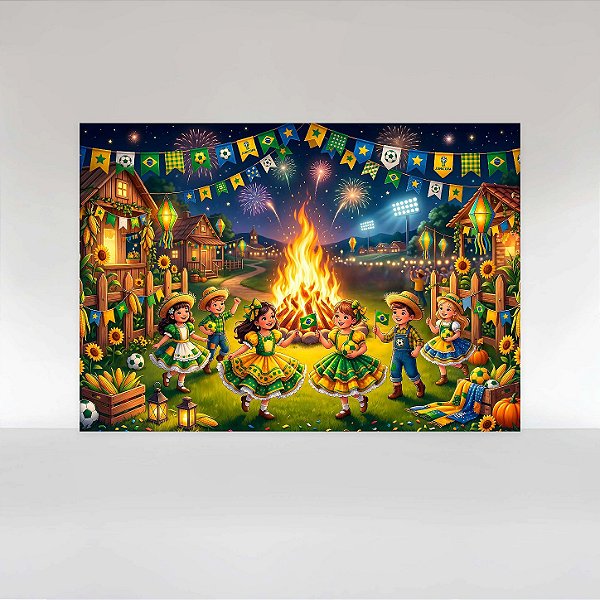 Painel de Festa em Tecido Sublimado Festa Junina Futebol Brasil com Fogueira