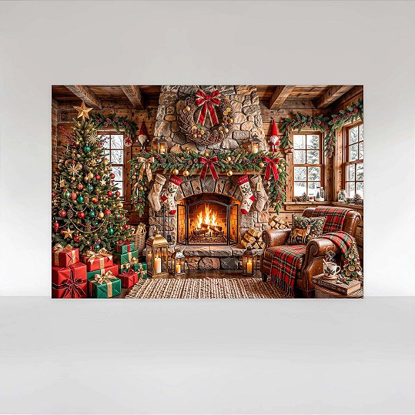Painel de Festa em Tecido Sublimado Cenário de Natal Rústico