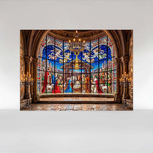Painel de Festa em Tecido Sublimado Presépio de Natal em Vitral