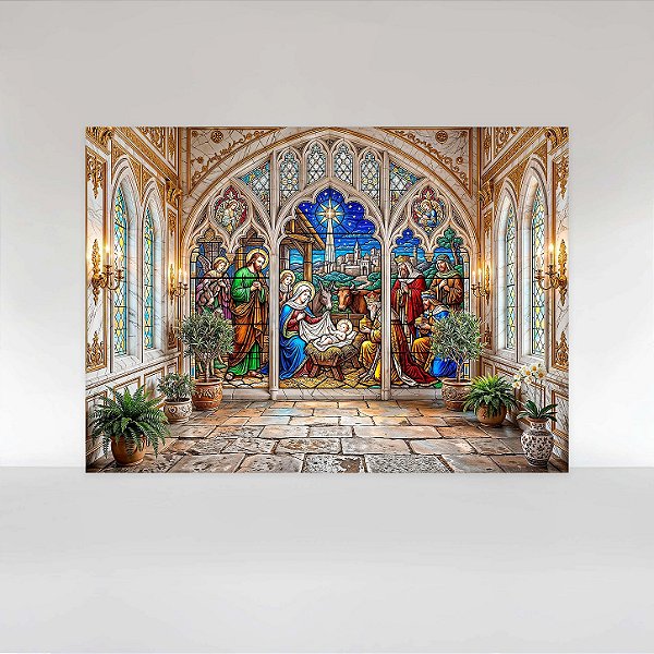 Painel de Festa em Tecido Sublimado Presépio de Natal em Vitral