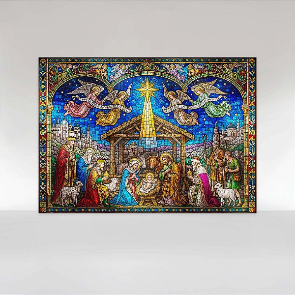Painel de Festa em Tecido Sublimado Presépio de Natal em Vitral