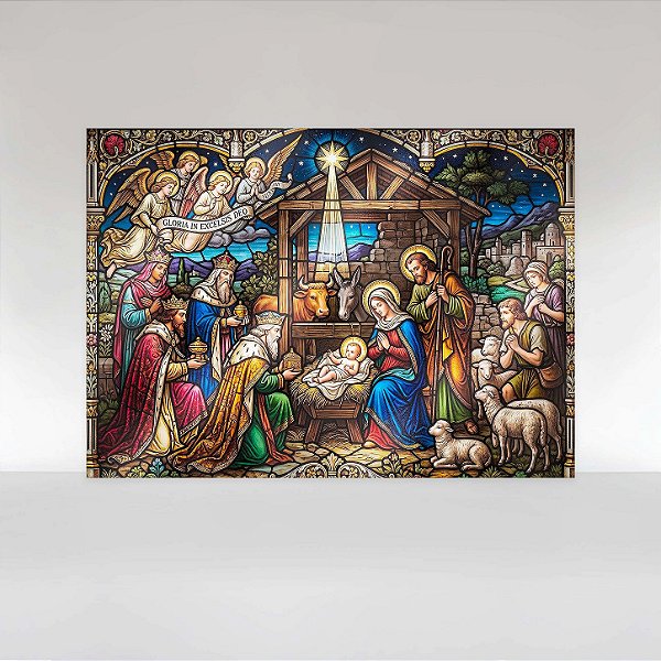 Painel de Festa em Tecido Sublimado Presépio de Natal em Vitral