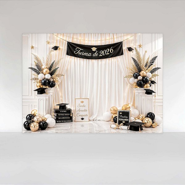 Painel de Festa em Tecido Sublimado Formatura com Cortinas e Brilho