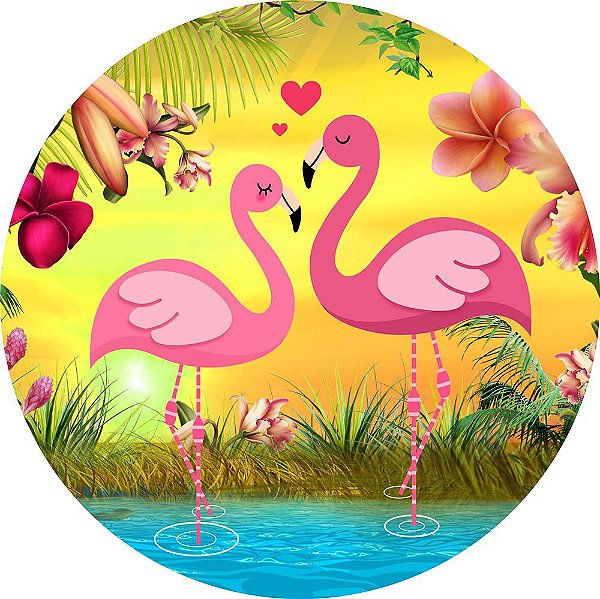 Painel de Festa Redondo em Tecido Sublimado Flamingos Românticos c/elástico
