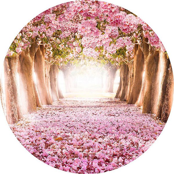 Painel de Festa Redondo em Tecido Sublimado Floresta Ipê Rosa c/elástico