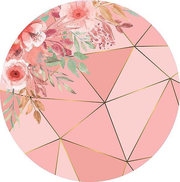 Painel de Festa Redondo em Tecido Sublimado Fundo Geométrico Rose Gold Mod2 c/elástico