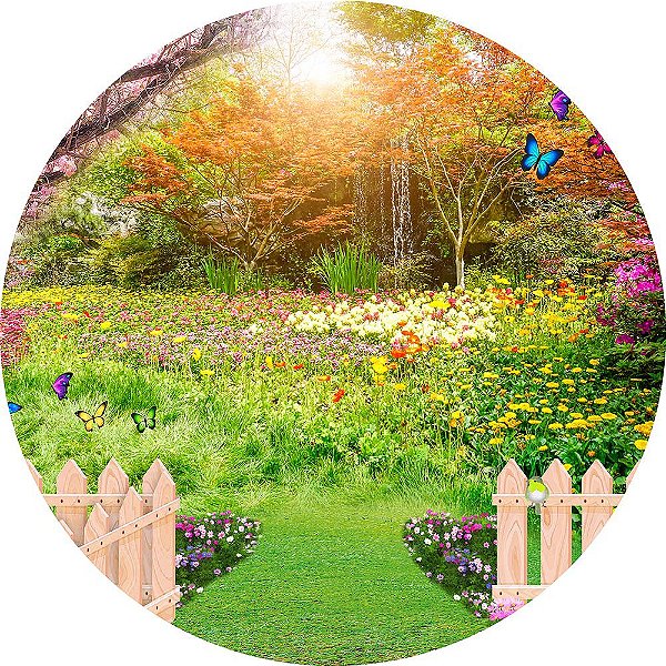 Painel de Festa Redondo em Tecido Sublimado Jardim Belas Flores c/elástico