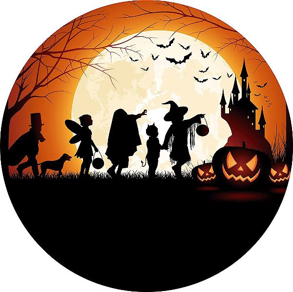 Painel de Festa Redondo em Tecido Sublimado Crianças Halloween c/elástico