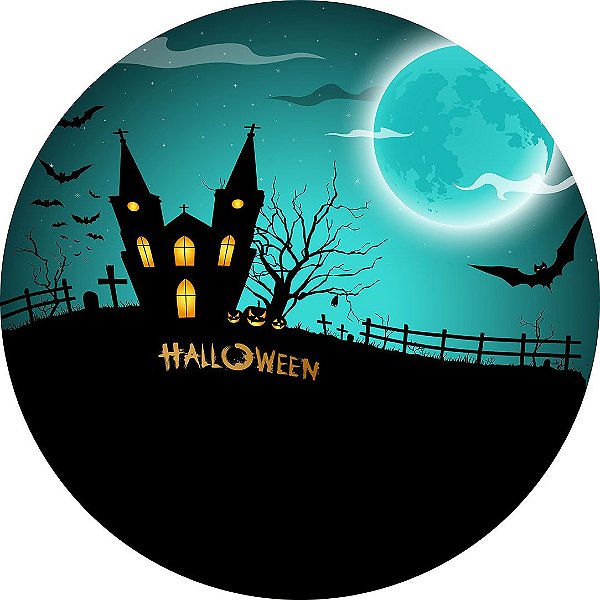 Painel de Festa Redondo em Tecido Sublimado Halloween Assustador c/elástico