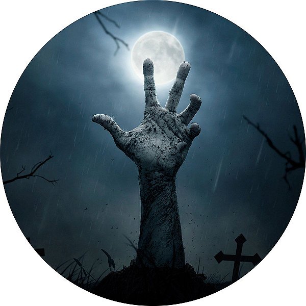 Painel de Festa Redondo em Tecido Sublimado Mão no Cemitério Halloween c/elástico