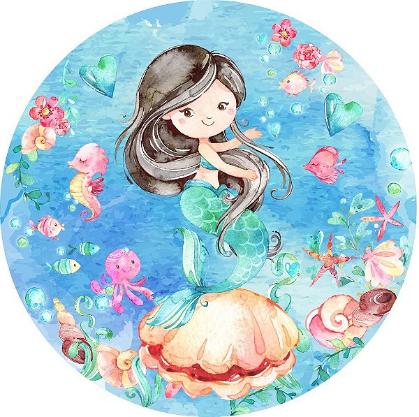 Painel de Festa Redondo em Tecido Sublimado Sereia Morena c/elástico