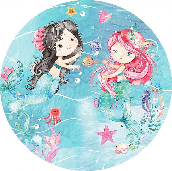 Painel de Festa Redondo em Tecido Sublimado Sereias Aquarelas c/elástico