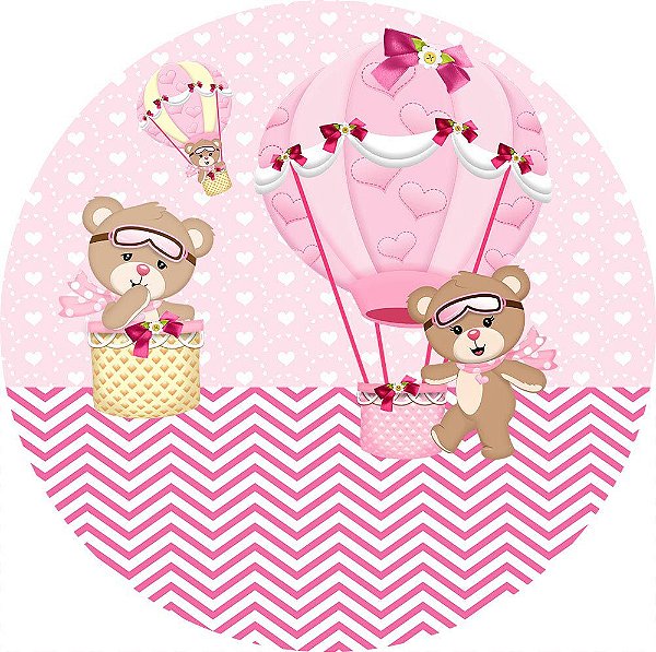 Painel de Festa Redondo em Tecido Sublimado Ursinha Baloeira Rosa c/elástico