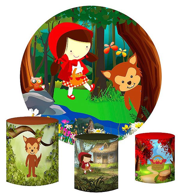 Kit Painel Redondo De Festa e Capas de Cilindro em tecido sublimado Chapeuzinho Vermelho
