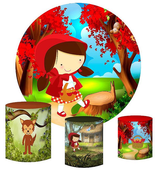 Kit Painel Redondo De Festa e Capas de Cilindro em tecido sublimado Linda Chapeuzinho Vermelho
