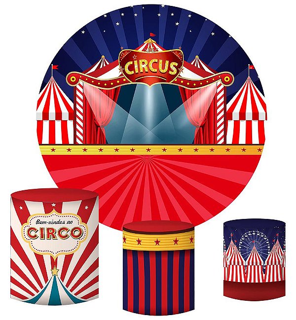 Kit Painel Redondo De Festa e Capas de Cilindro em tecido sublimado Circo Holofote