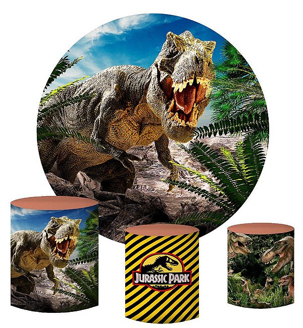 Kit Painel Redondo De Festa e Capas de Cilindro em tecido sublimado Dinossauros