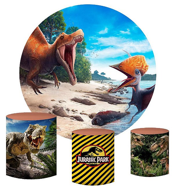 Kit Painel Redondo De Festa e Capas de Cilindro em tecido sublimado Dinossauros Rio