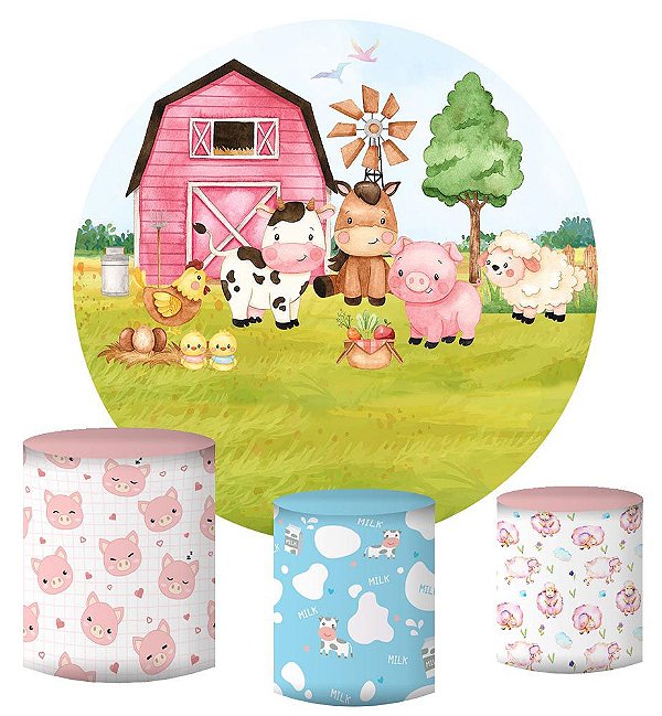 Kit Painel Redondo De Festa e Capas de Cilindro em tecido sublimado Fazendinha Aquarela Mod2