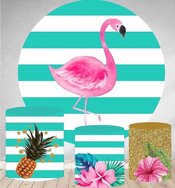 Kit Painel Redondo De Festa e Capas de Cilindro em tecido sublimado Flamingo Tropical